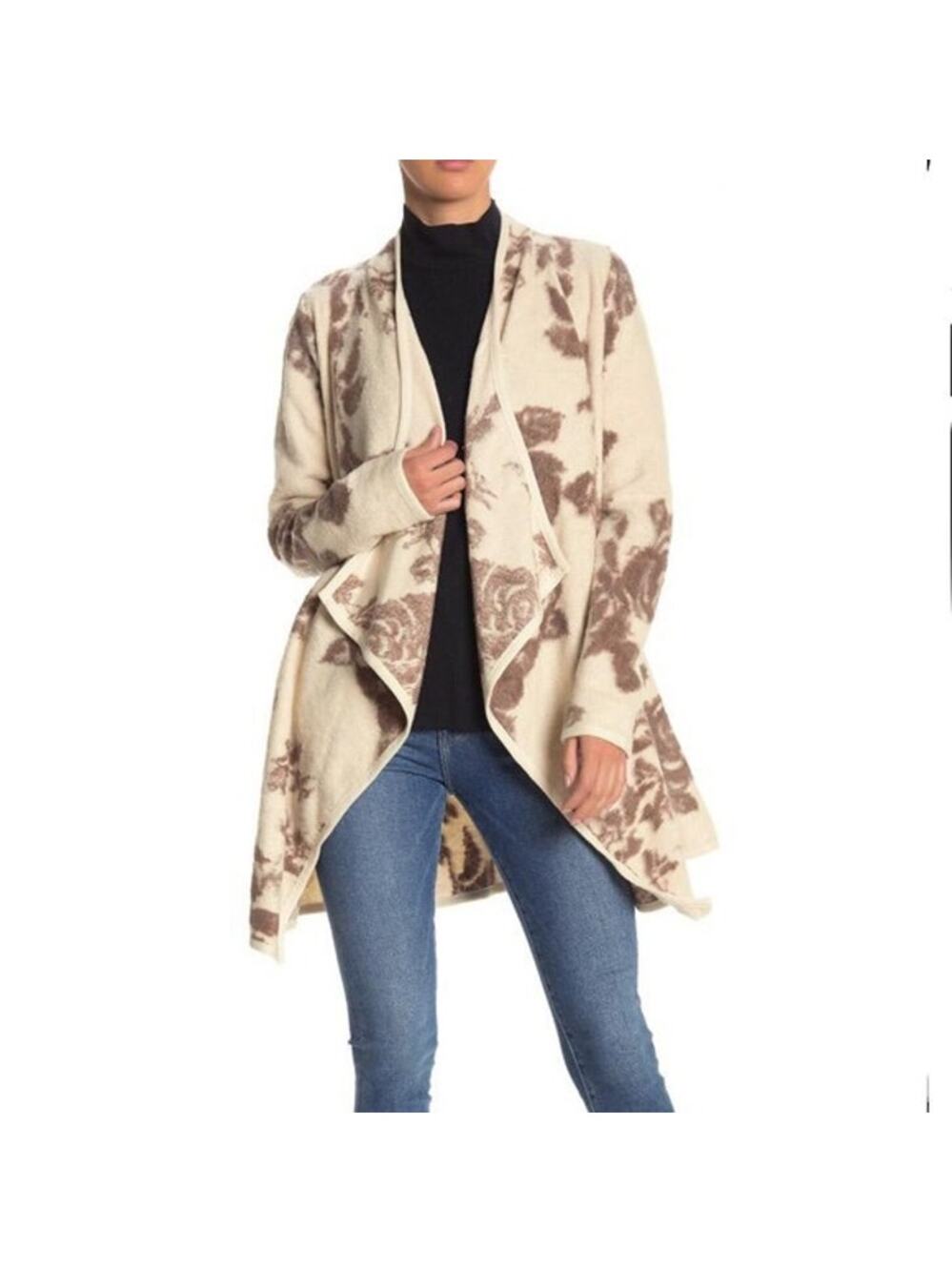 [Lucky Brand] Tan Brown Floral Print Open Front Draped Cardigan Sweater Sz Small